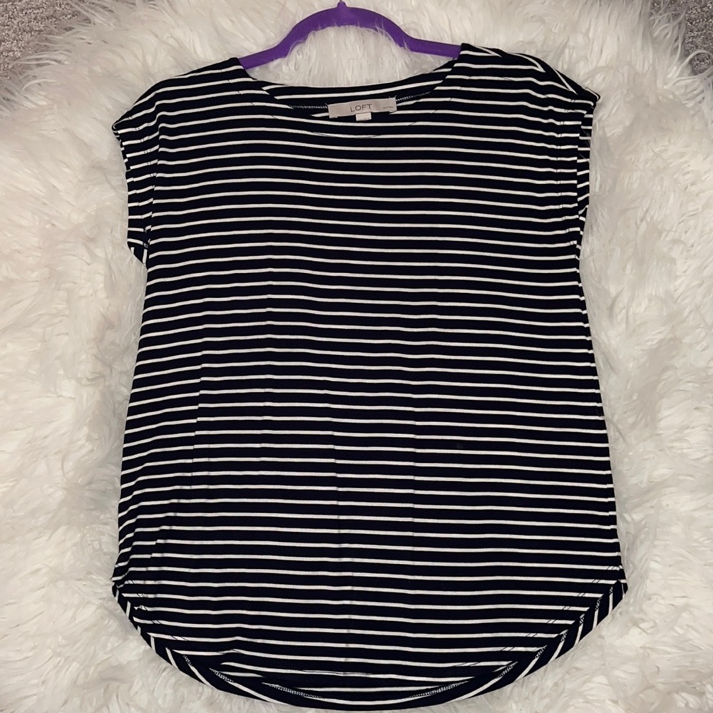 Navy blue striped shirt.
